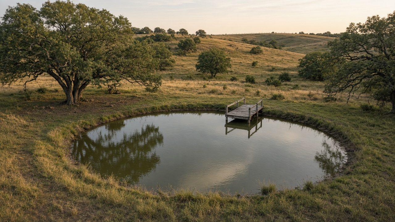 Small ranch pond with a wooden pier