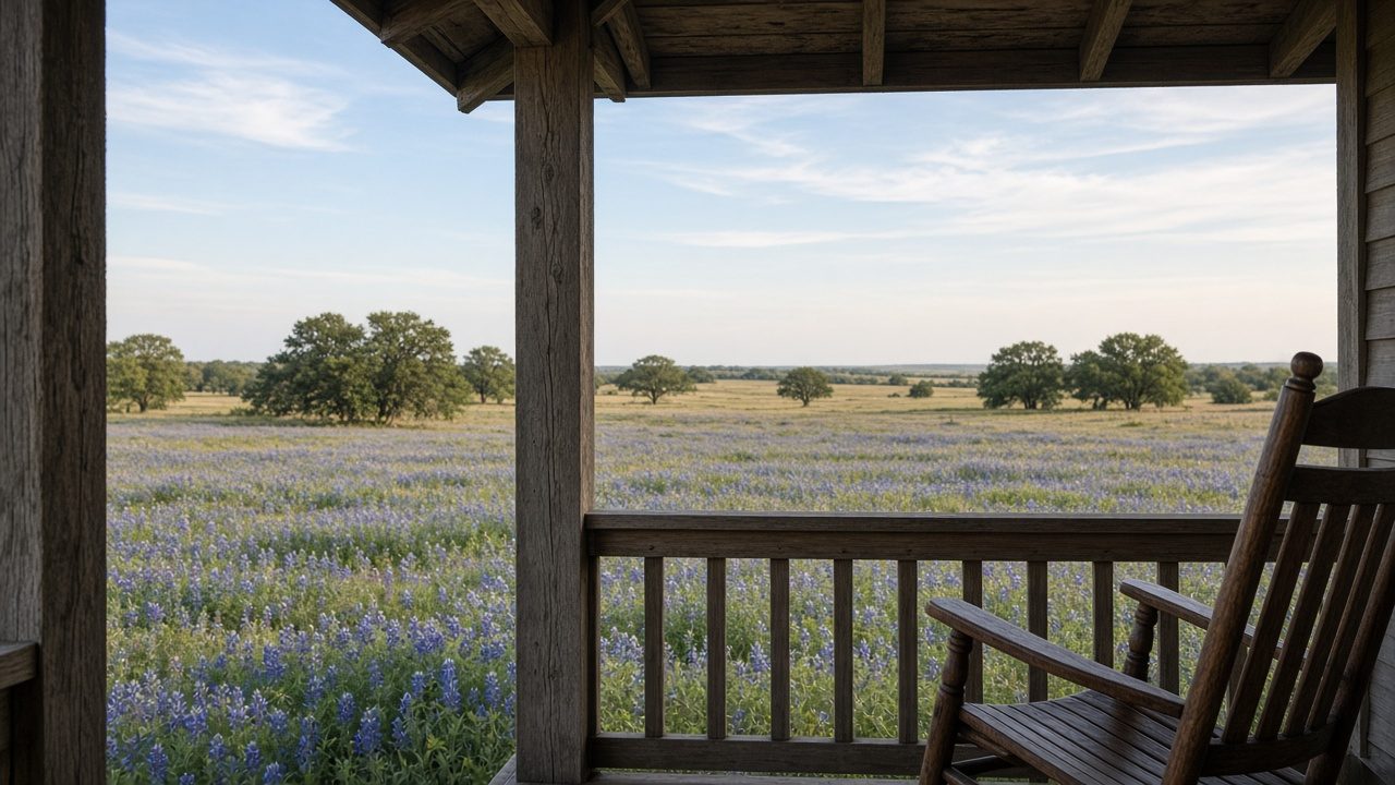 View from a covered front porch over prairie full of bluebonnets